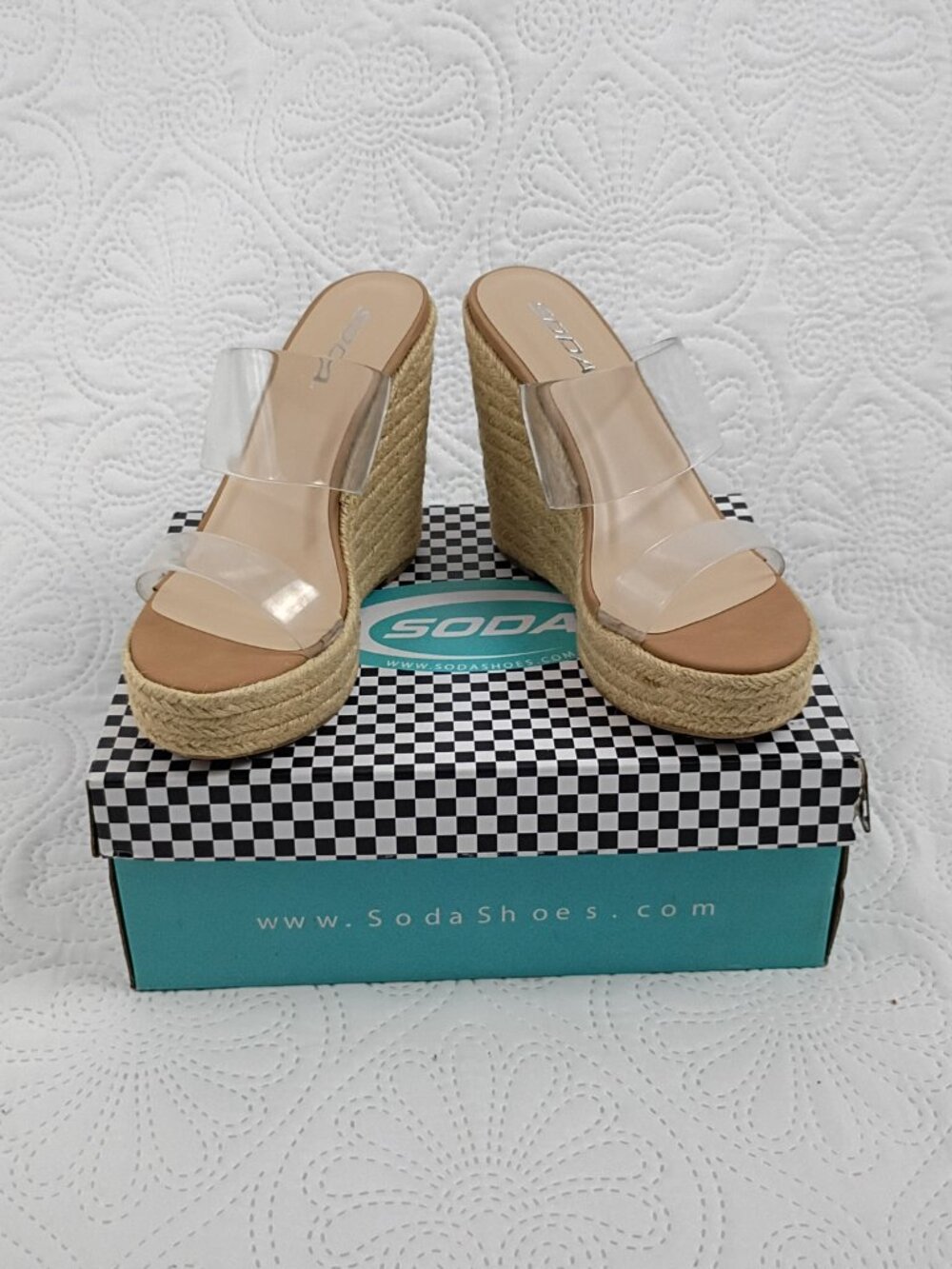 NWOT Soda Clear Strap Espadrille Wedge Sandals Size 7.5 | 5" Platform Heel